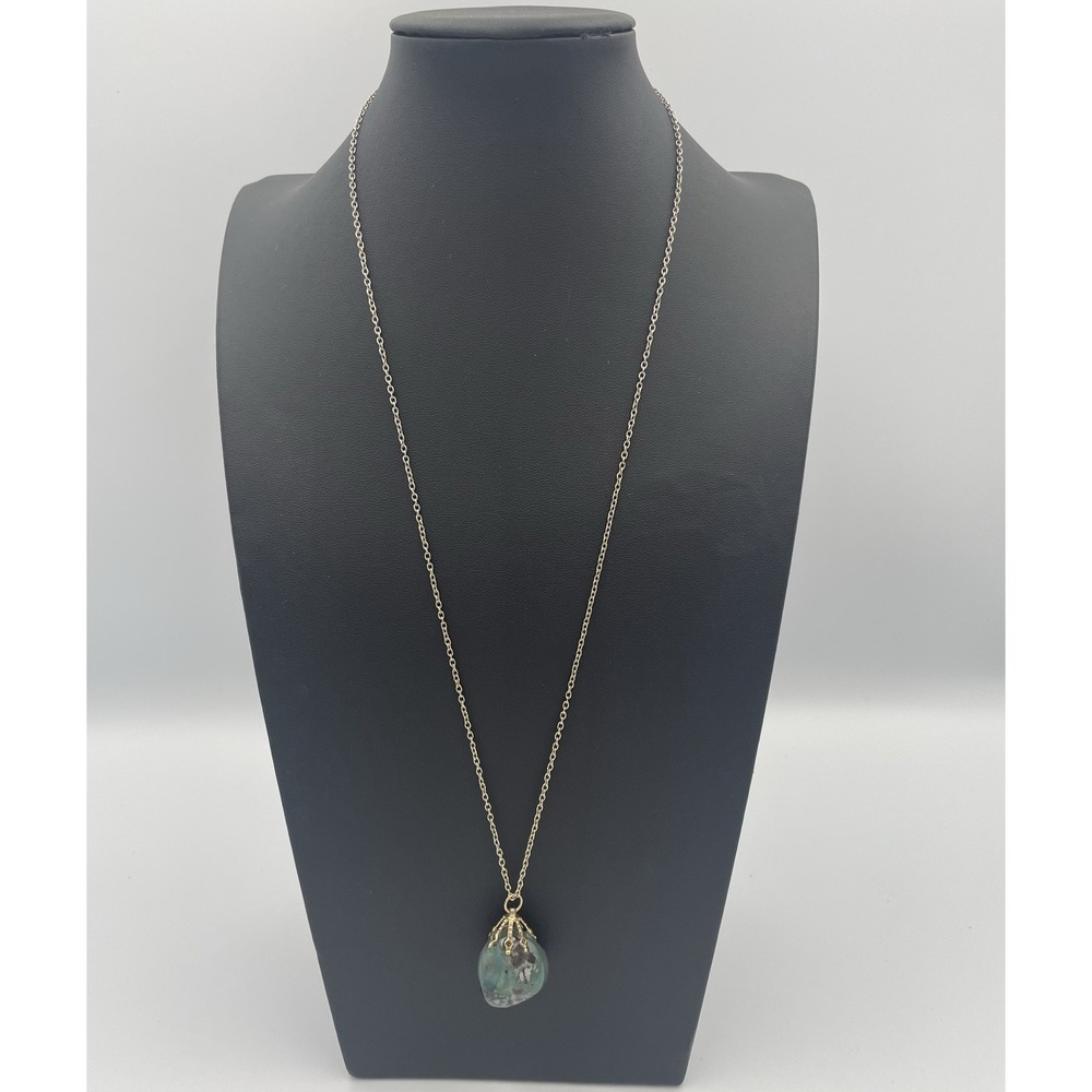 Necklace Vtg. Boho Green Agate Jewelry Irregular Teardrop Shape Gold Tone 24"